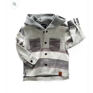 Little Bipsy Striped Hooded Button-Up Shirt Jacket in Gray and Charcoal